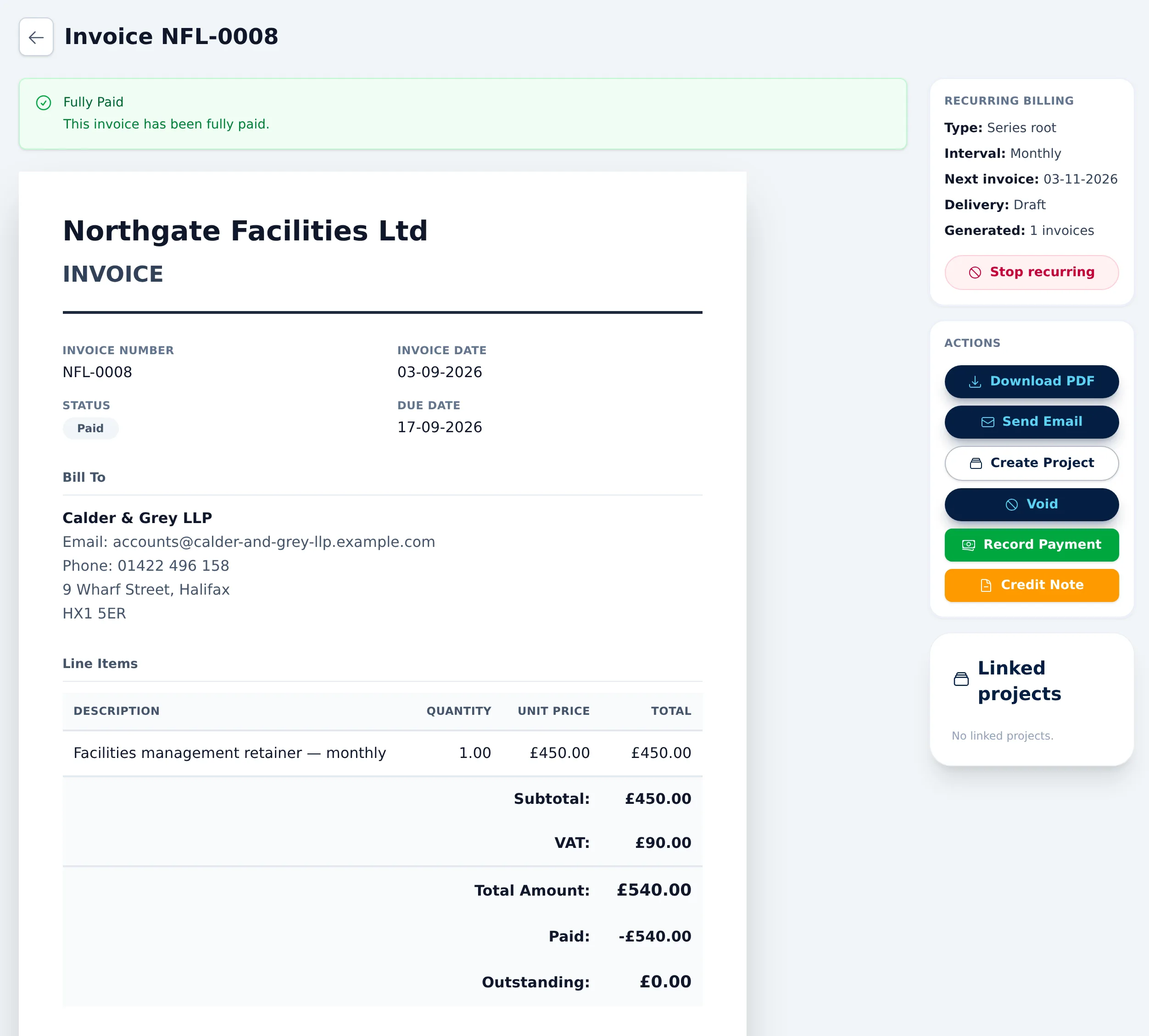 Beagle CRM invoice that starts a monthly recurring series, showing the next invoice date and how many invoices it has generated