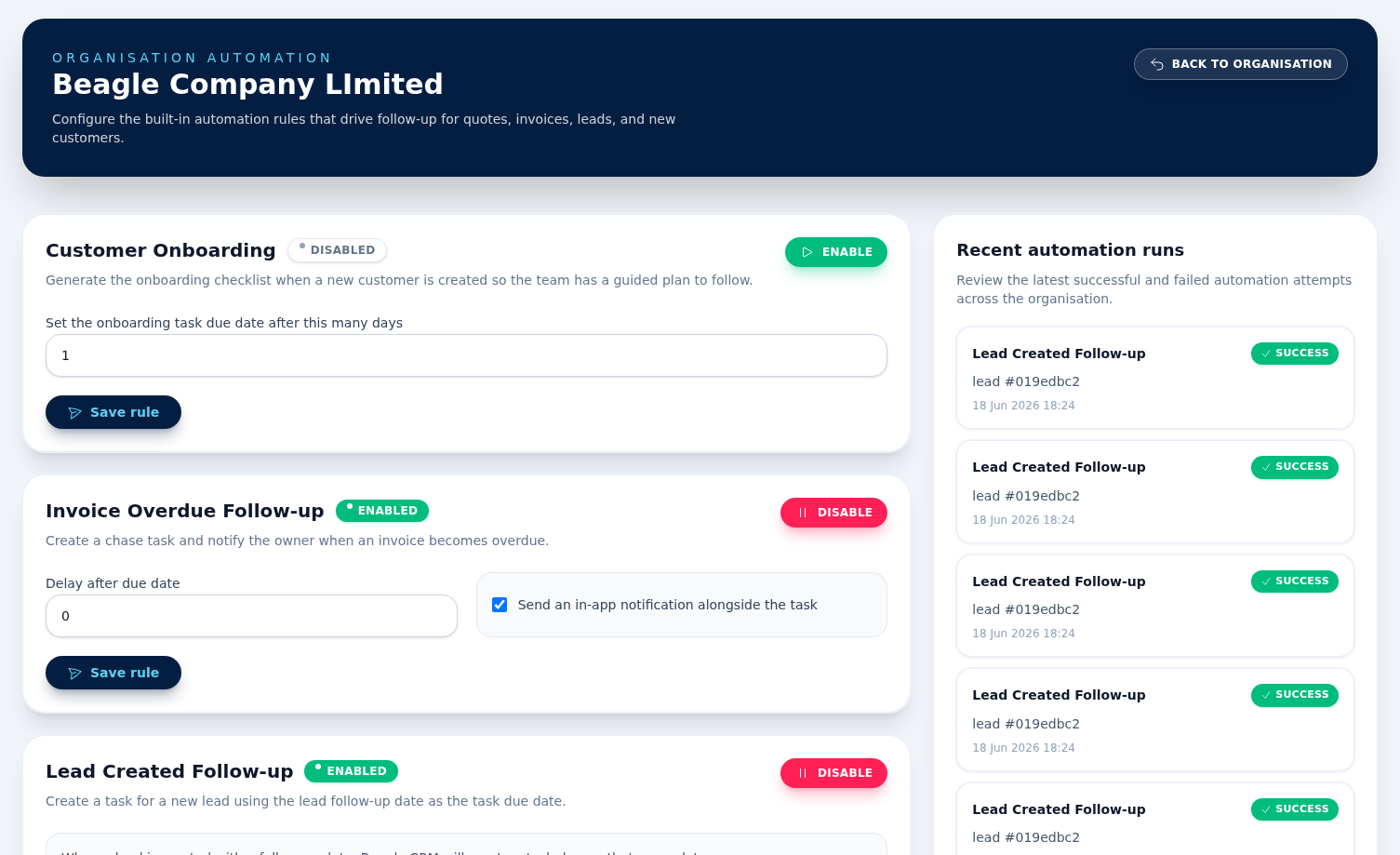 The automations page showing built-in rule cards (customer onboarding, invoice overdue follow-up, lead created follow-up) with enable/disable toggles and a recent automation runs panel