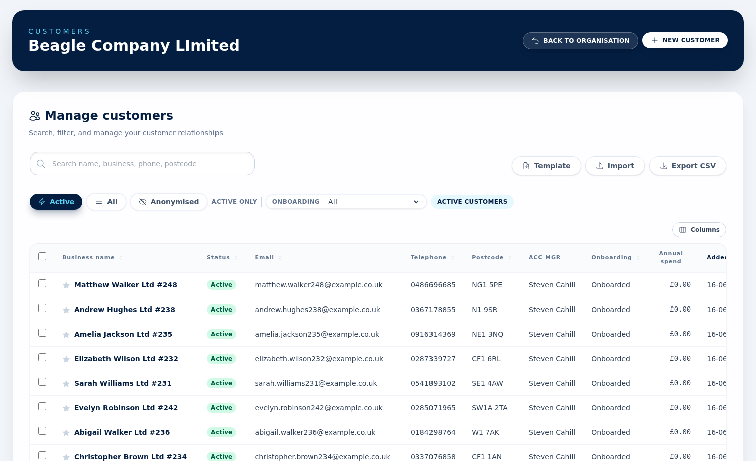 The customers list showing the search bar, filters and a table of customers with their details
