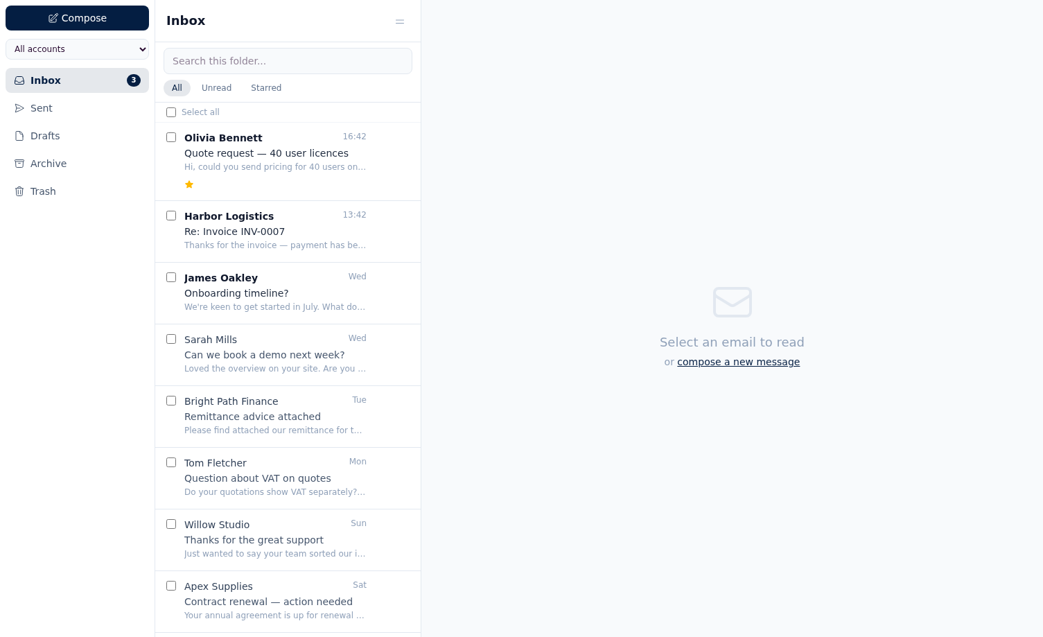 The shared inbox showing folders (Inbox, Sent, Drafts, Archive, Trash), All/Unread/Starred filters and a message list with senders, subjects and snippets