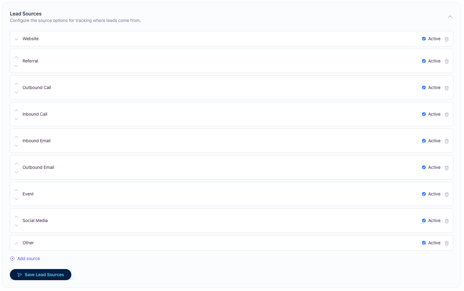 Lead sources settings panel showing source labels, active toggles, reorder controls, add source, and save
