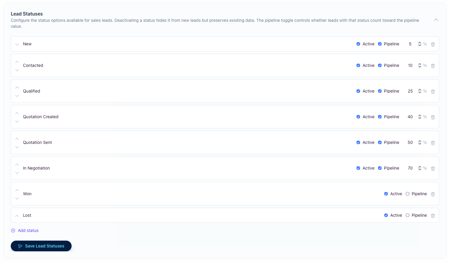 Lead statuses settings panel showing active, pipeline, probability, reorder, and delete controls