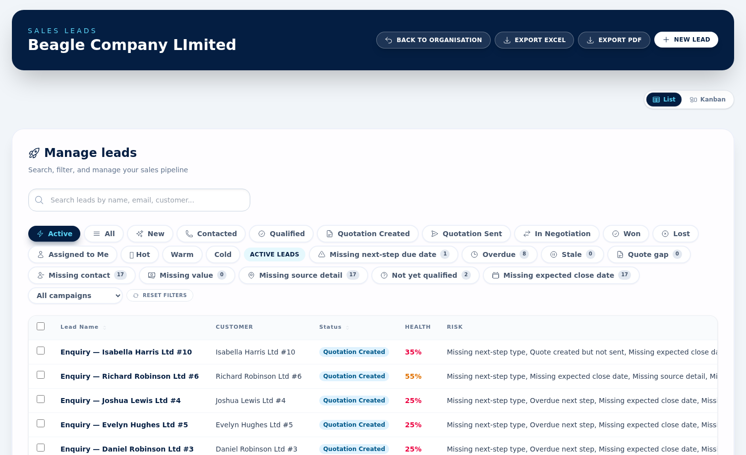 The leads list showing status, source, value and next-action columns with filters across the top