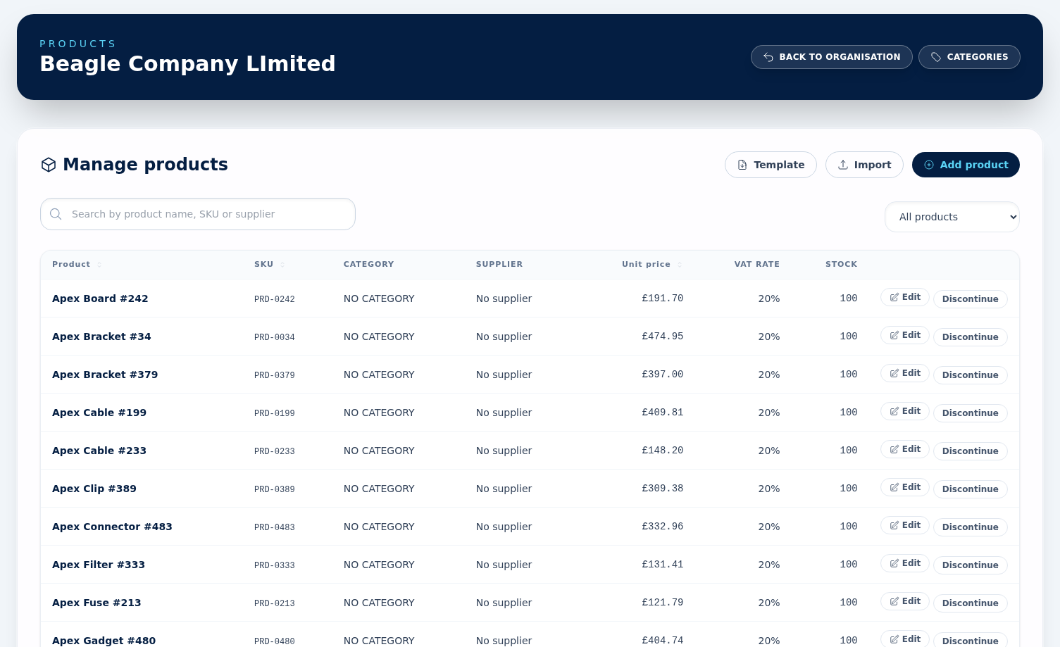 The products catalogue showing SKU, category, supplier, unit price, VAT rate and stock columns