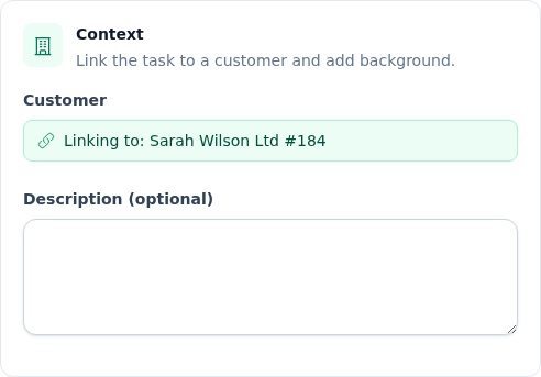 Task form Context section showing the locked green 'Linking to: customer' badge for a project task