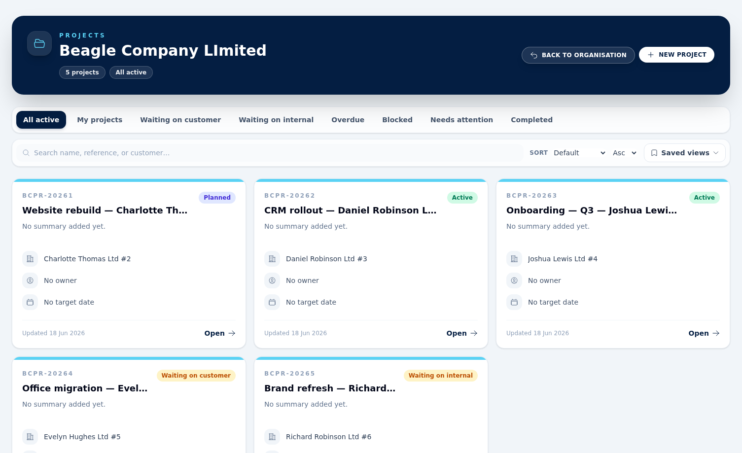 The projects list showing project names, owning customers, statuses and target dates