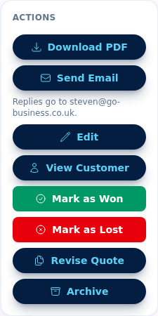 Quotation Actions panel showing the Edit and Revise Quote buttons among the other actions