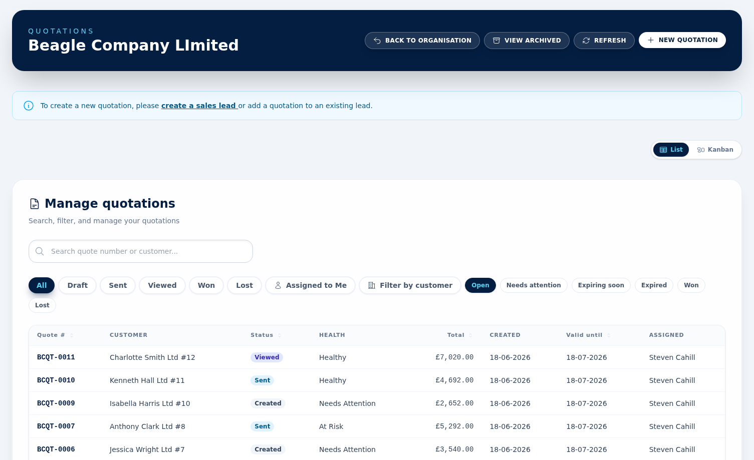 The quotations list showing quote numbers, customers, totals and statuses (created, sent, viewed, won, lost)