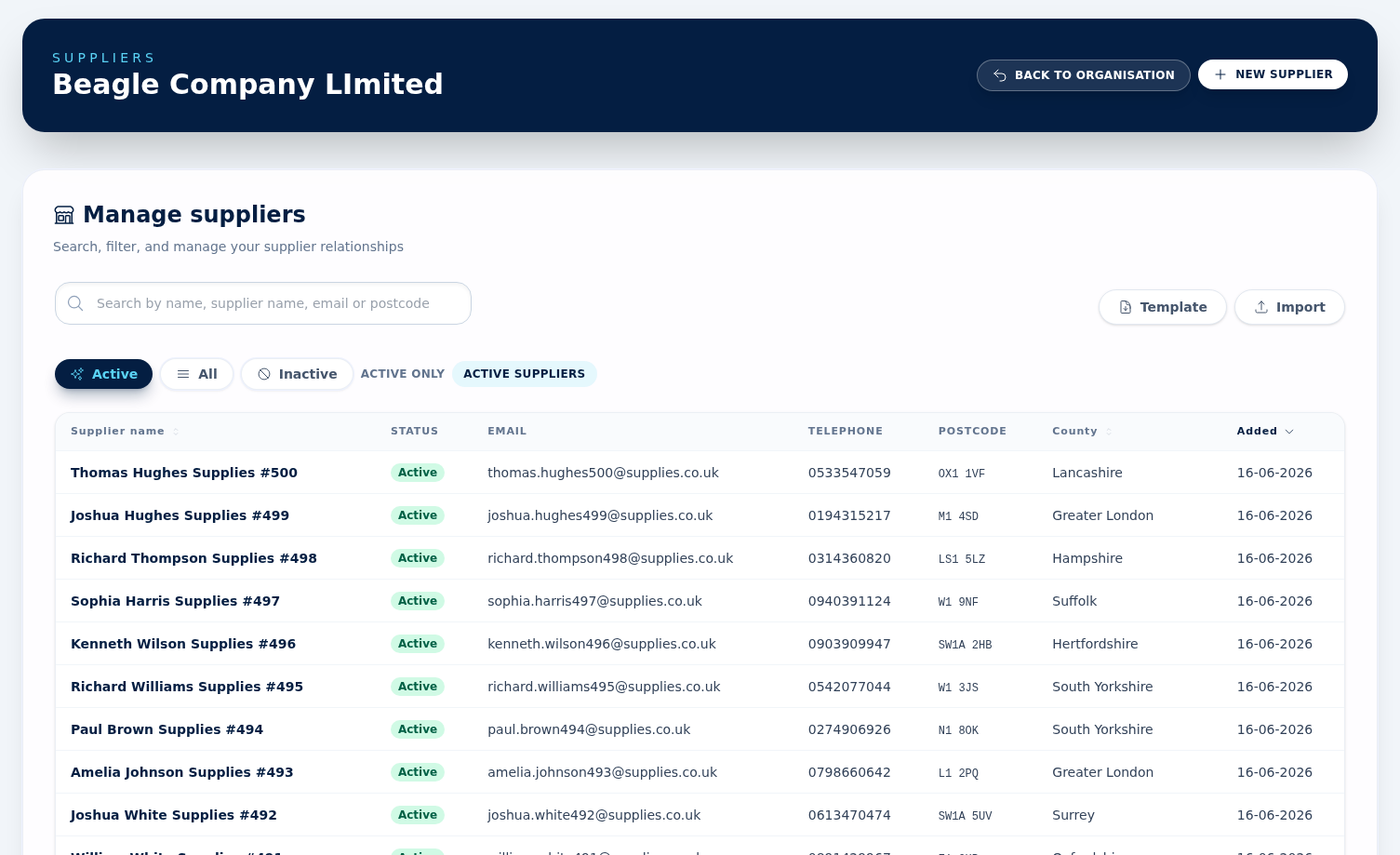 The suppliers list showing the search bar, status filters and a table of suppliers