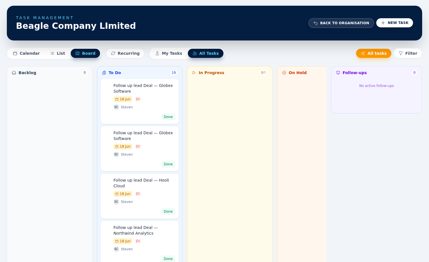 The tasks board (kanban) with Backlog, To do, In progress, On hold and Follow-ups columns
