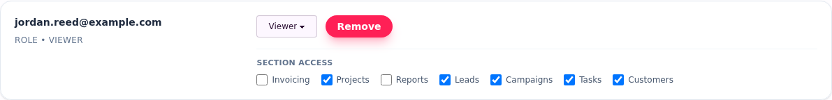 A team member row with role and remove controls above a Section access row of checkboxes for Invoicing, Projects, Reports, Leads, Campaigns, Tasks and Customers