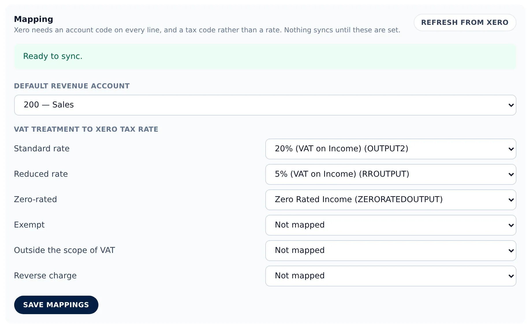 Beagle CRM's Xero mapping settings, ready to sync: revenue account 200 Sales, and standard, reduced and zero-rated VAT mapped to Xero's income tax rates
